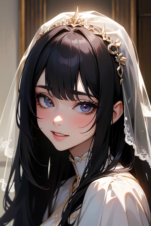 (Highest Resolution, clear_image) highest quality, Single person, One woman, alone, masterpiece, Very detailed, Semi-realistic, Black Hairのショートヘア, Black Hair, bangs, 18-year-old, mature, Wedding dress、Indoor Background, kind, Authoritative, Powerful, exquisite features, exquisite features、Eyelashes become longer、Showing teeth、woman&#39;Fingers in the、Sleeping on the sofa、Long Hair、Fluttering in the wind、
