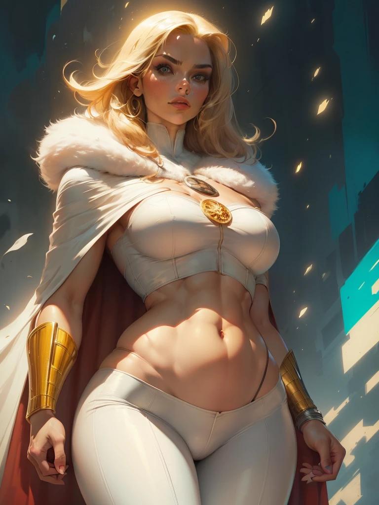 Cinematic. (((A comic style, cartoon art))). Emma Frost Posing for photo (((in epic heroic pose))) , wearing his iconic X-Men uniform, Showing the belly, , ((Wearing white pants and cape)) . (((Hot Body, camel toes))). ((((Abstract Comic background )))) , vivid colors, detailed, detailed face, realistic shadows and bright, glowing.