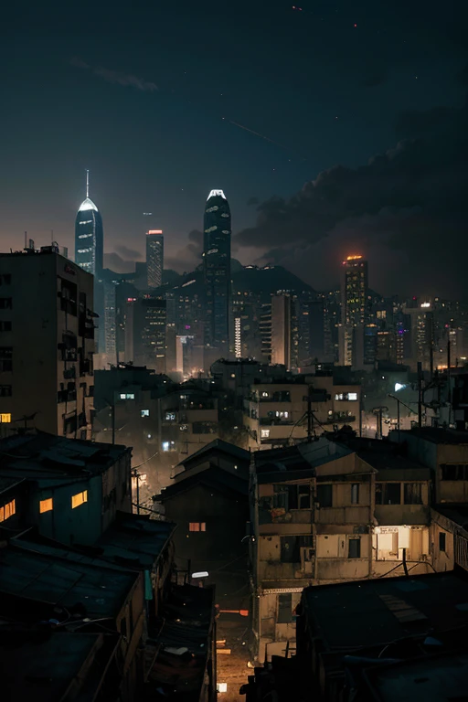 Comic art illustration of cinematic abandoned cyberpunk alley Hong Kong favelas at blue hour, VR360 aged skyscrapers overhead, aircon units and cables overhead in the slums, graffiti and trash, distant city vista skyline visible in the distance, directed by award-winning cinematographer, VR360, high contrast dramatic lighting, 8K, highly detailed