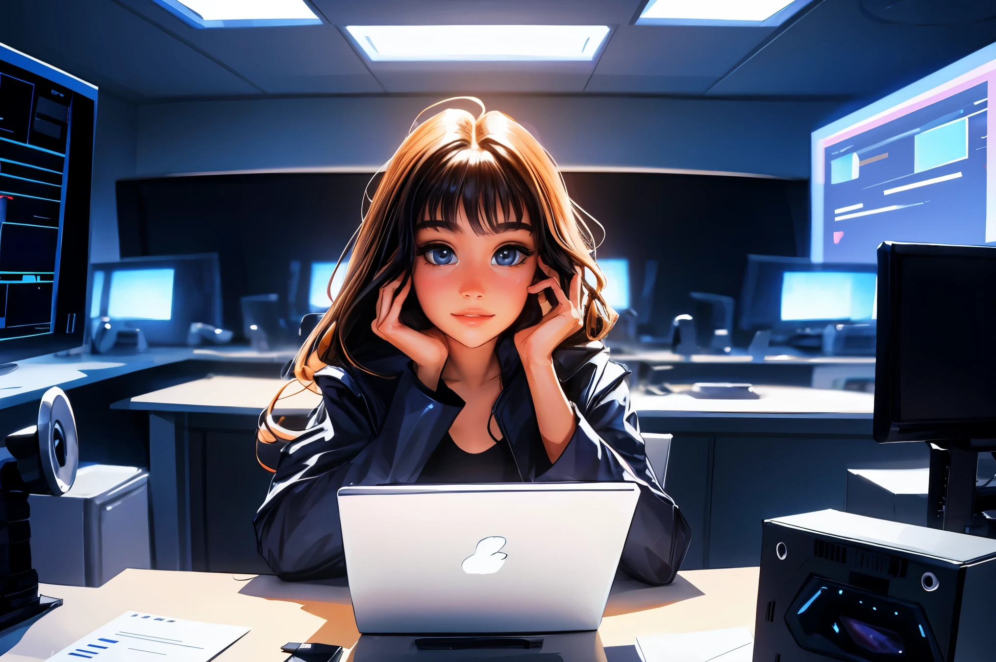 pretty woman, taring directly into the camera, soft smile , looks to camera . straight face and body, center of room, behind a desk, hacker, futuristic, cinematic