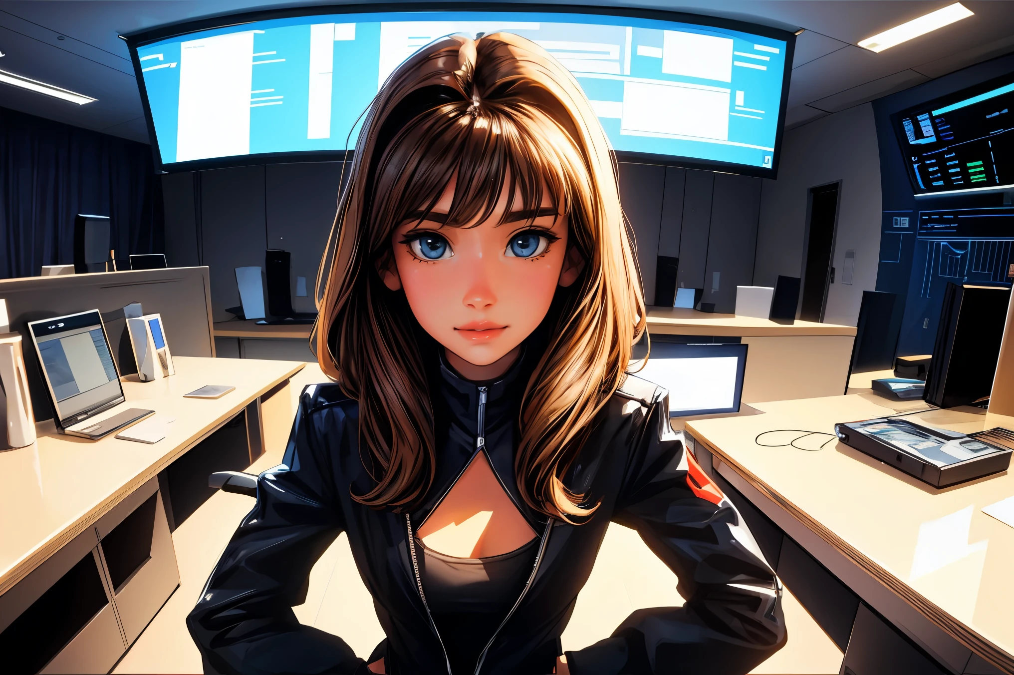 pretty woman, taring directly into the camera, soft smile , looks to camera . straight face and body, center of room, behind a desk, hacker, futuristic, cinematic