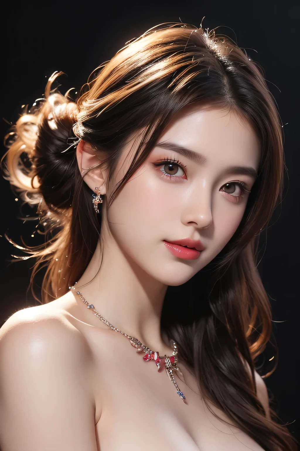 High-quality work，Realistic works，Super premium graphics，8K HD CG works，high quality graphics，High-definition and exquisite CG works，10x pixels，Ultra-fine details：1.1，Advanced technical details：1.1Realistic photo effects，Interior lighting effects：1.5，natural soft light：1.5. Light effect（Virtual light effects：1.8），Ultra-high resolution，shining dress，sliver long hair，silber hair，transparenthair，high detailed hair（Quality hair details：1.1）Clear eyes，Double eyelids look good，Sharp eye makeup, Create exquisite eyelash makeup, tthin eyebrows, Ultra-detailed eyes，a tall nose, lovely red lips, rosey cheeks, With delicate makeup on her face , pretty face, The face shape is perfectly proportioned,（Advanced facial details：1.1） (highest quality、8K、best image quality、Award-winning work)、(one young girl, 14 years old:1.3)、(red eyeshadow:1.2)、perfect makeup、long eyelashes、Super high-definition sparkling eyes、ultra high definition hair、ultra high resolution glossy lips、Super high resolution perfect teeth、Super high resolution cute face、brown hair、(very long straight hair:1.1)、look at me and smile、[clavicle]、accurate anatomy、(black background:1.5)、(((professional lighting:1.5)))、Super high-resolution glossy and moisturized face、Super high resolution glowing skin、most detailed face、Ultra high resolution detailed faces、ultra high resolution hair、Super high resolution sparkling eyes、Beautiful face drawn in every detail、Super high resolution glossy red lips、(((Fashionable necklace 1.5)))、(((full nude 1.5)))、(Photo up to the chest)、hair blowing in the wind、elegant dress、(((Holding a red rose 1.4))) ，Women's artwork，Dress full body video，Reality，Amazing Cleavage，My eyes are very bright today
