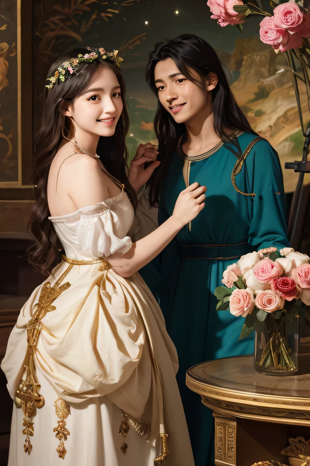Giorgione painting style,Arguments of two female Philosophe,math、astronomical machine、astronaut、roses in vase、fruits、Cute trinkets、smile、ancient greek costume、Background is a forest lake at night 、Clothes that stretch your shoulders、A big smile、beautiful bare skin、A detailed representation of the seducing woman throughout her body.