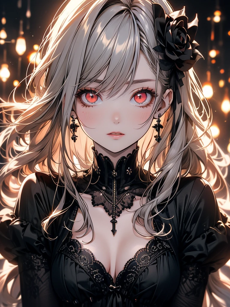 (master piece),(4k),high quality,flat chest,1girl,long silver hair,pale skin,beautiful detailed red eyes,black ribbon with red rose decoration,white and black gothic dress, (Highly detailed elegant), Magical colors and atmosphere, Detailed skin,The background is soft and blurry,Add a dramatic and symbolic element to your scene, Depth of written boundary, Bokeh, Silky to the touch, Hyper Detail,sitting
