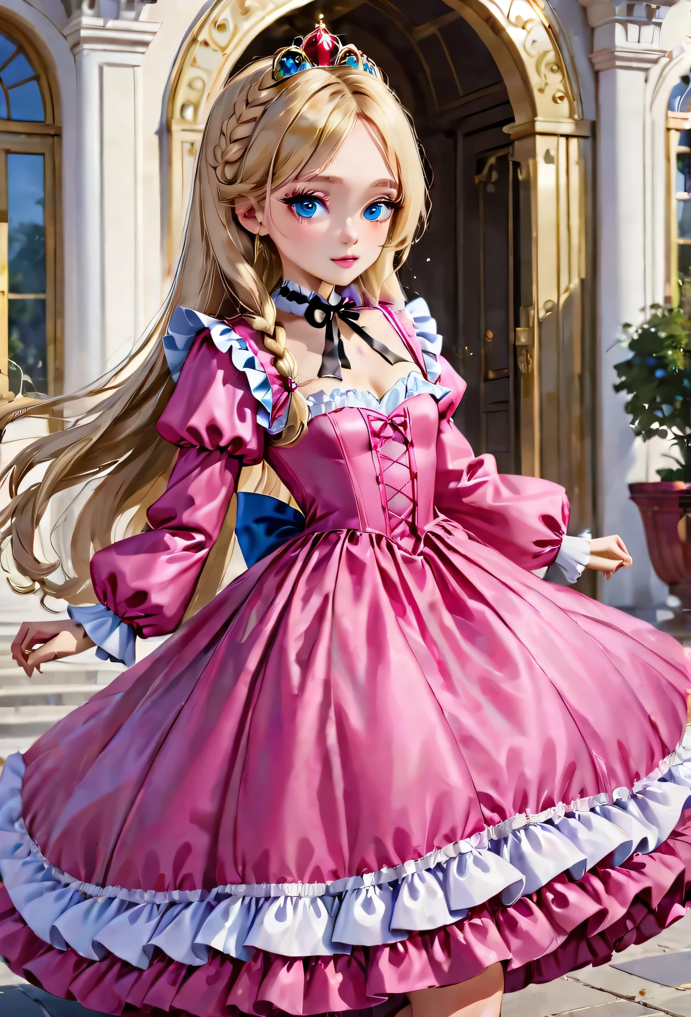 ,highest quality, masterpiece, highest resolution, artwork, 3K realistic photos,,(( girls)),Super detailed baby face,both arees,Full length ball gown dress with hoop skirt,ruffled yoke collar,Detailed braided ribbon on chest,puff sleeves,long sleeve,((Lolita style hot pink detailed princess satin dress、Comes with lots of frills and ribbons。)),shiny silk satin dress,soft and smooth silk satin fabric,luxury,Very long blonde hair,blue eyes,white skin european,pajamas,((Outside the palace)),Princess dancing happily,gorgeous flowing dress,fine white frills and lace,Super long hair that is as tall as your body,the princess is running