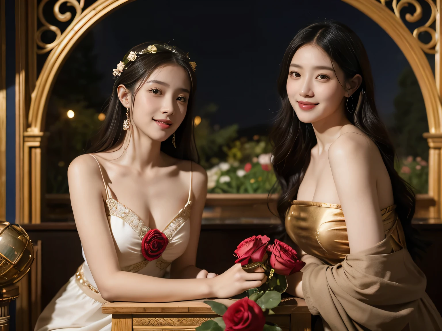 Giorgione painting style,Arguments of two female Philosophe,math、astronomical machine、astronaut、roses in vase、fruits、Cute trinkets、smile、ancient greek costume、Background is a forest lake at night 、Clothes that stretch your shoulders、A big smile、beautiful bare skin、A detailed representation of the seducing woman throughout her body.