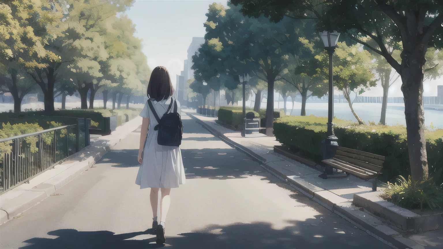 Back view of a girl walking along a park promenade