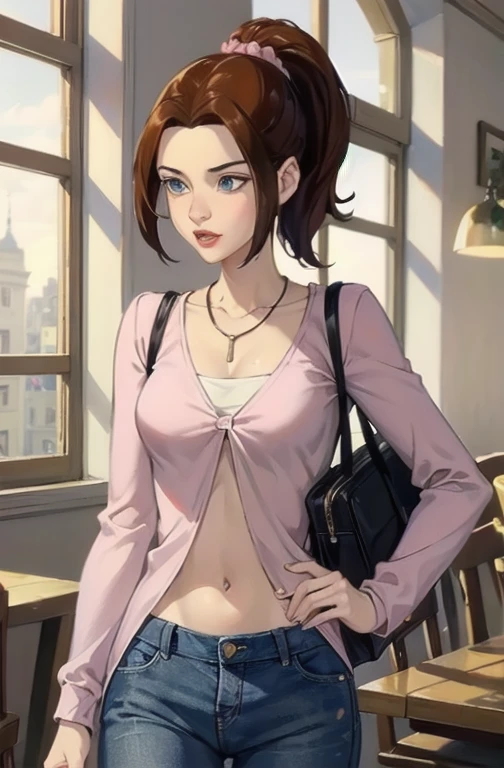 KittyPryde_Dress_ownwaifu, 1girl, brown hair, ponytail, necklace, jewelry, blue eyes,  lipstick,long sleeves, lips, long hair, medium breasts, blush, hair bun, scrunchie, makeup, red lips, hair ornament, jeans, denim,  shirt, blue pants, midriff, (bare midriff), navel, capri pants, pink jacket, cardigan,  absurdres, ultra detailed, masterpiece, best quality, aesthetic, detailed,