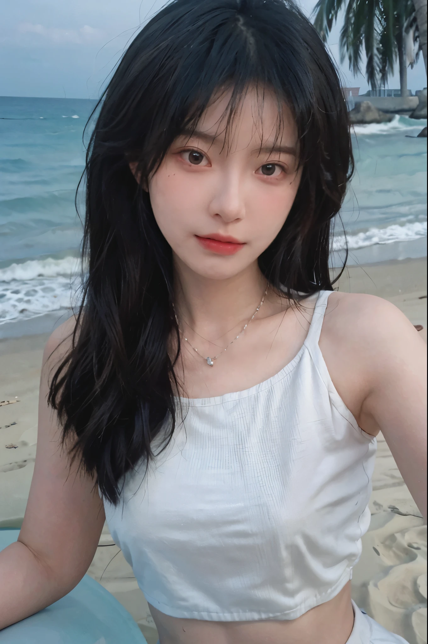 Best quality，Ultra-high resolution，（lifelike：1.4），Cute hairpin，1girll，Long curly hair，jk，Blush，Slim beauty：1.4，Visible abdominal muscles，on the beach，Ultra-fine face，Exquisite eyes，Double eyelids，necklace