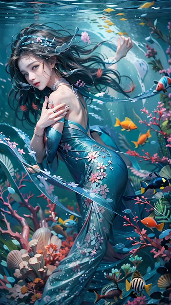 (RAW shooting, 32k:1.5, highest quality, masterpiece, Ultra-high resolution), (Deep sea at night:1.0, Dramatic moonlight:0.7, Mysterious underwater world:1.3, Expressions of sadness:1.0), Side Shot, Fractal Art:1.3, Perfect dynamic composition:1.3, Very detailedな肌と顔の質感:1.2, Dynamic flow of water waves:1.3, Beautiful shell and coral decoration, Surrounded by lots of colorful fish, Rich underwater vegetation, (The subject is being viewed from a distance:1.3, Slim mermaid figure:1.0, Shimmering Scales, Mermaid tail:0.5), elegant and sophisticated, Fair skin, Incredibly slim body:0.8, Very beautiful face, Water droplets on the skin, Very accurate, Very detailed, Gorgeous blue shiny mermaid dress portrait:0.8, Big eyes that exude beauty, Beautiful big lips,, Unreal atmosphere, necklace, Earrings, bracelet