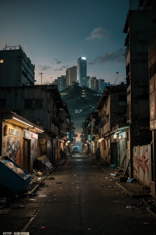 Comic art illustration of cinematic abandoned cyberpunk alley Hong Kong favelas at blue hour, VR360 aged skyscrapers overhead, aircon units and cables overhead in the slums, graffiti and trash, distant city vista skyline visible in the distance, directed by award-winning cinematographer, VR360, high contrast dramatic lighting, 8K, highly detailed