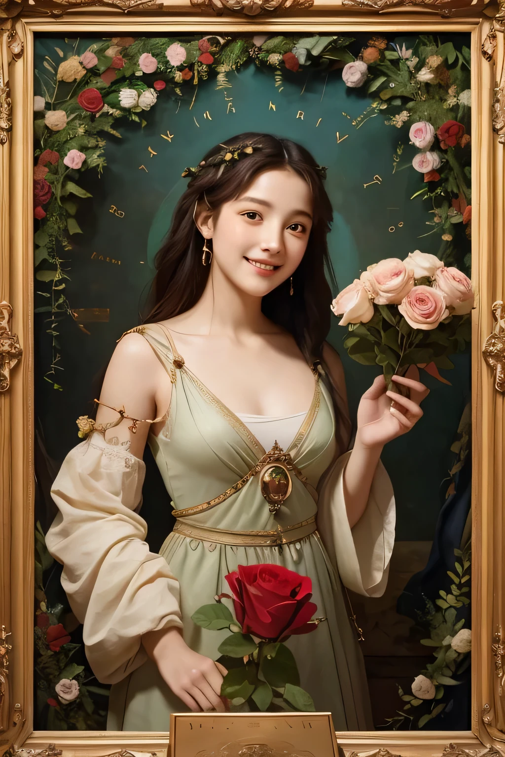 Giorgione painting style,Arguments of two female Philosophe,math、astronomical machine、astronaut、roses in vase、fruits、Cute trinkets、smile、ancient greek costume、Background is a forest lake at night 、Clothes that stretch your shoulders、A big smile、beautiful bare skin、A detailed representation of the seducing woman throughout her body.