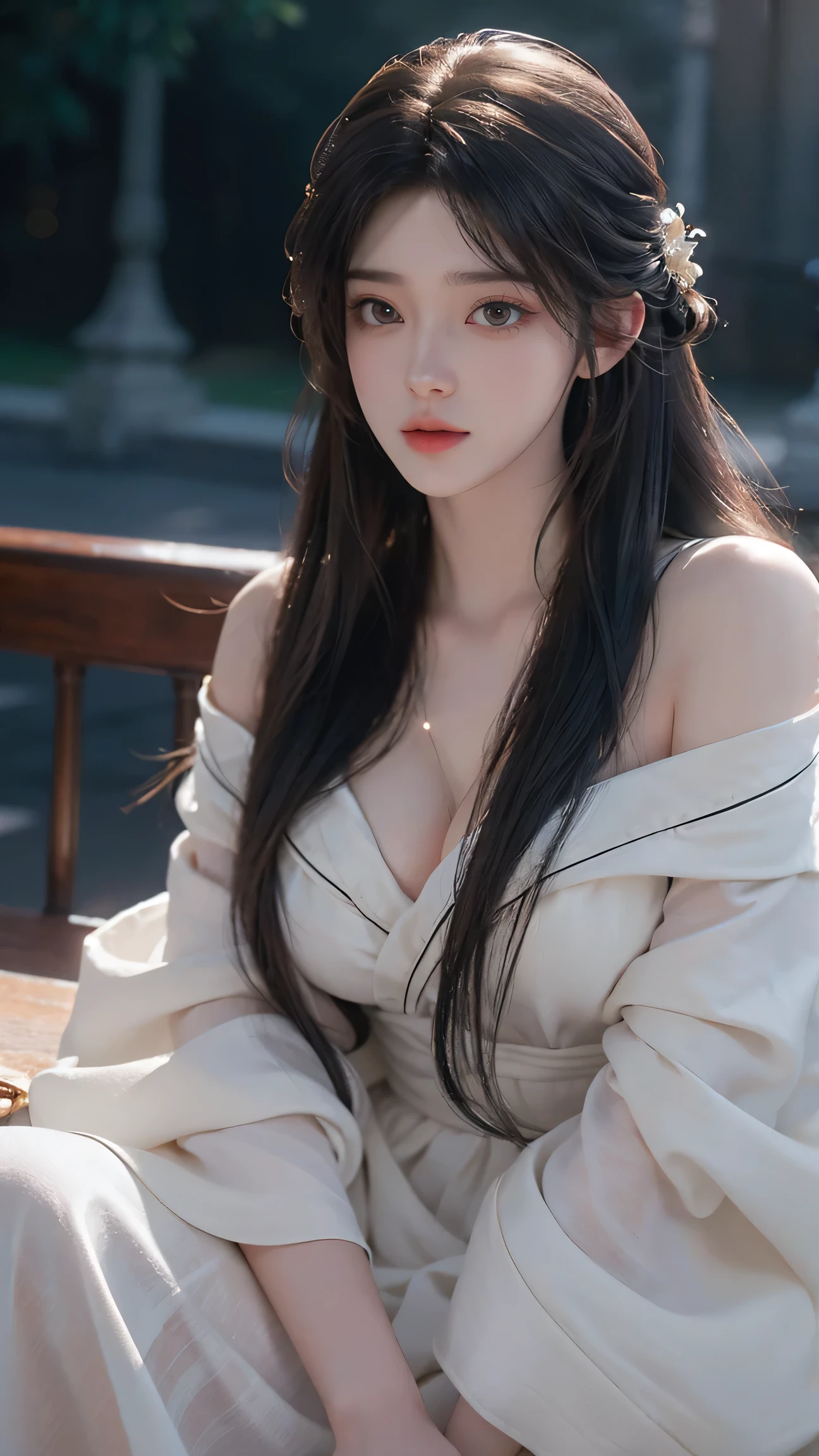 8k, masterpiece, RAW photo, best quality, photorealistic, extremely detailed CG unity 8k wallpaper, Depth of field, Cinematic Light, Lens Flare, Ray tracing, (extremely beautiful face, beautiful lips, beautiful eyes), intricate detail face, ((ultra detailed skin)), best quality, Masterpieces, Super high resolution, (photograph realistic:1.5), Original image, luxury long dress, 1girl, offshoulder, In the dark, deepshadow, low tune, Cold light, Sexy look, long whitr hair,Cafe,pretty,lim light,swirling hair, medium shot, big breast.