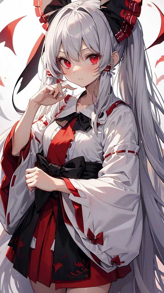 (masterpiece, best quality:1.3), (cinematic angle:1.3), Fujiwara no Mokou, Touhou Series, perfect face, expressive eyes, 1 girl, looking at viewer, 16 years old, beautiful, anime, lora, silver hair, long hair, white shirt, red long pants, (look evil:1.5),