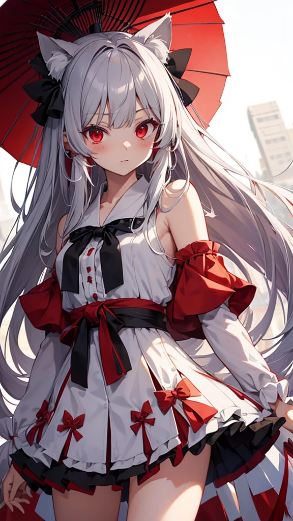 Highest quality I have long hair Gray Hair Konpaku Youmu Reimu Hakurei Red eyes I don't have anything vampire Odd Eye kind Miko costume Cat ear Embarrassed Background Black Two people