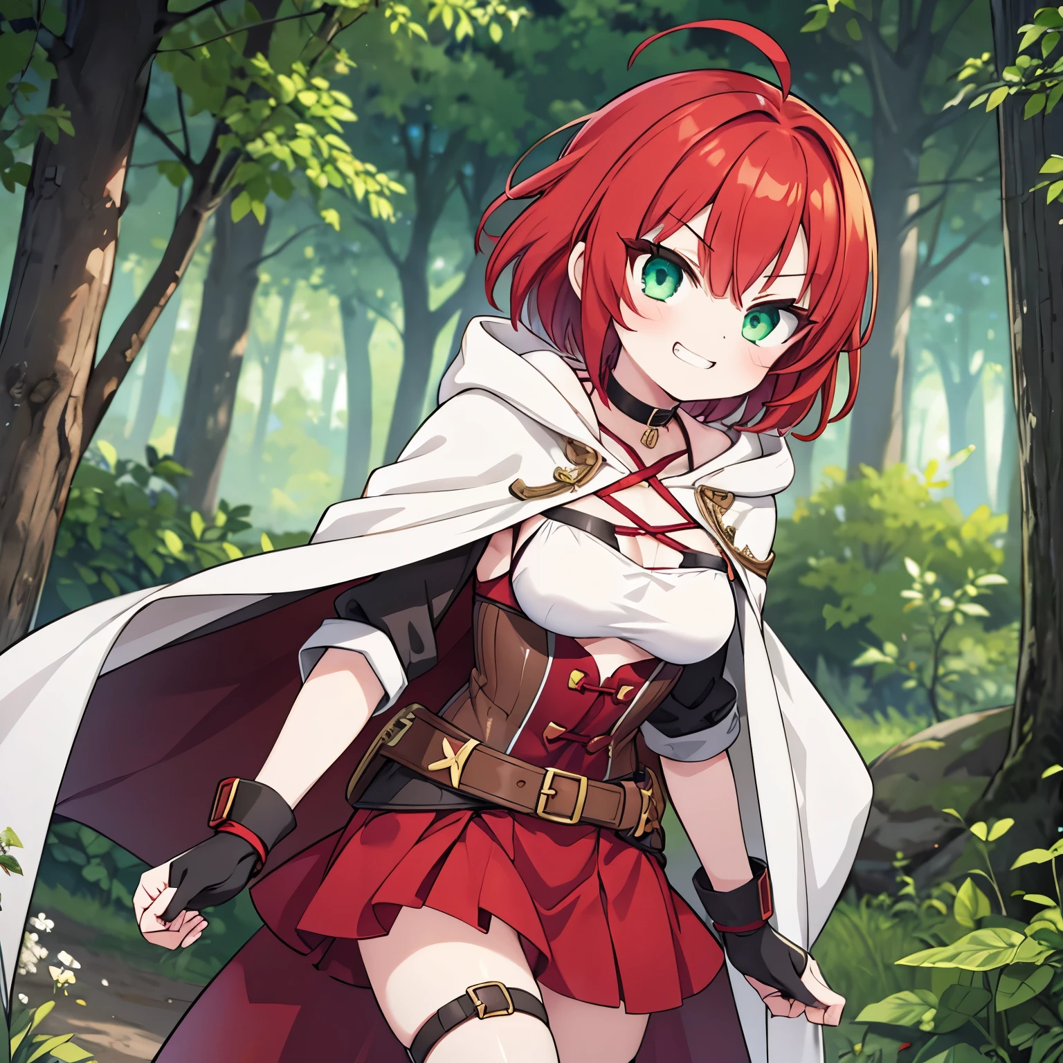 1girl,anime girl,skinny,breast small,standing,villain pose, scarlet red hair,hair scarlet red and crimson red hair, medium hair,ahoge,aqua eyes,green eyes,White skin,smug,happy,grin,tunic,hood,bikini armor,cape,thigh strap,boots, medieval armored boots,skirt,earclip,choker,fingerless gloves,leg belt,Forest Background,Medium Shot,Black,Green,Gray,Brown,forest,Leather Armor,Magic Robe,Man POV,Larissa, Demongirl, Amber eyes, Red Hair, Short, Hair, eyeliner, cuerpo completo, view from afar