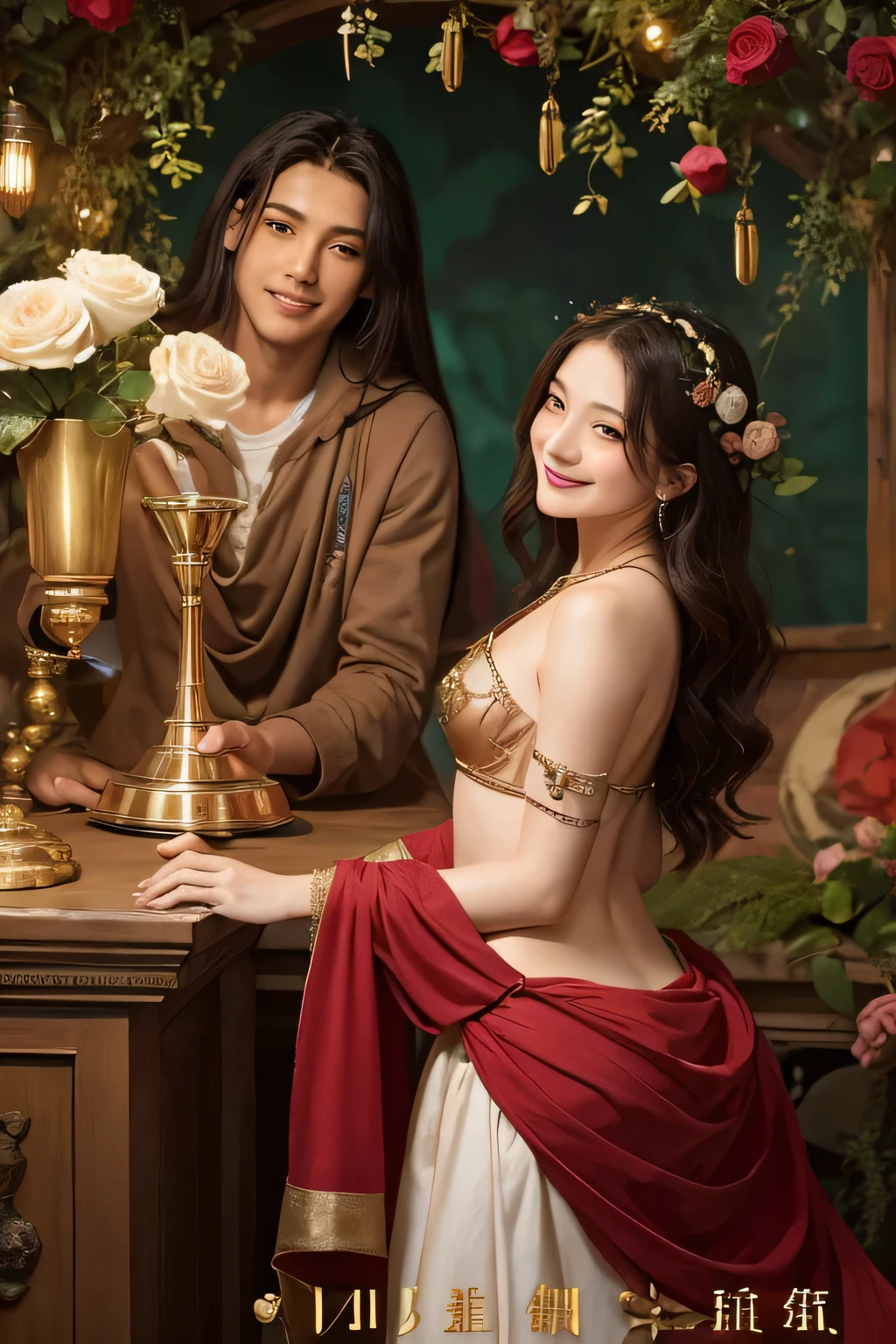 Giorgione painting style,Arguments of two female Philosophe,math、astronomical machine、astronaut、roses in vase、fruits、Cute trinkets、smile、ancient greek costume、Background is a forest lake at night 、Clothes that stretch your shoulders、A big smile、beautiful bare skin、A detailed representation of the seducing woman throughout her body.