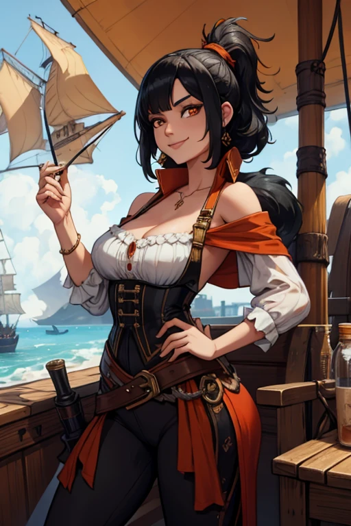 A  black haired woman with orange eyes and a  figure in a pirate outfit is smiling on a pirate ship