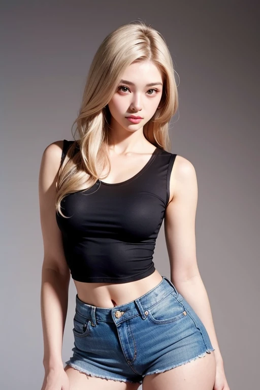 attractive woman with long blond hair Fair-white skin, wearing a tight, cropped, sleeveless tank top, tight jeans, slightly torn shorts, beautiful breast ,elegance pose, luminous glow a soft , elegant pose ,medium body shot ,muted background