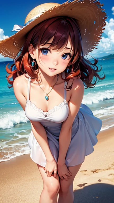 A girl is posing for a photo, cute女の子, Enchanting girl, Anime Girls,
(((One Girl, Baby Face, cute, 16 years old))),
(White sleeveless dress:1.4)、(barefoot), ((Straw hat)), Earrings、necklace、bracelet、anklet、
BREAK
(Beautiful Hair, Shiny Hair, Shiny Hair), ((Red hair、Hair blowing in the wind、Curly hair、Shortcuts)),
(Expression of fine eyes, Beautiful and delicate eyes, Sparkling eyes, Eye Reflexes, black eye, Slanted Eyes),
double eyelid, Long eyelashes,
(Beautiful Nose,Thin Nose),
(Glossy lips, Beautiful Lips, Thick lips),
(Symmetrical facial features, Perfect Face),
break
(smile、Embarrassed、blush),
(noon、(beach、Go into the sea)), ((wave hands、Leaning forward、whole body))
break
(((highest quality)), ((masterpiece)), (Very detailed), (High resolution), (Beautiful sparkle), (High detail), (Anatomically correct)), ((Realistic)),
(The best CG), Highly detailed art, CG illustration, (16k, 1080p), Oil paints, ((Line art)),
