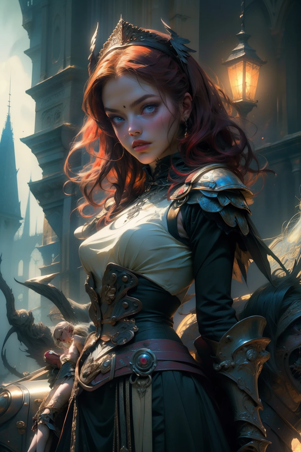 ((best quality)), ((masterpiece)), (detailed), perfect face, a beaituful goddess valkyrie enshrined in armour, grand in scale and intricacy, Bloodborne inspired valkyrie, occult aesthetic, occult, detailed and intricate steampunk and detailed gothic, Very dramatic and cinematic lighting, cosmic horror, grim dark, Red and white with a sense of technology, side-lighting, NSFW, Depicting female characters from ethereal anime in a high-quality anime art style, gothic ta, beautiful small breasts, full body, whole body, body