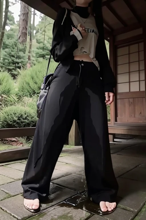 Japanese Girl sees the ghost and pees her black palazzo pants until her pants are wet in fright.