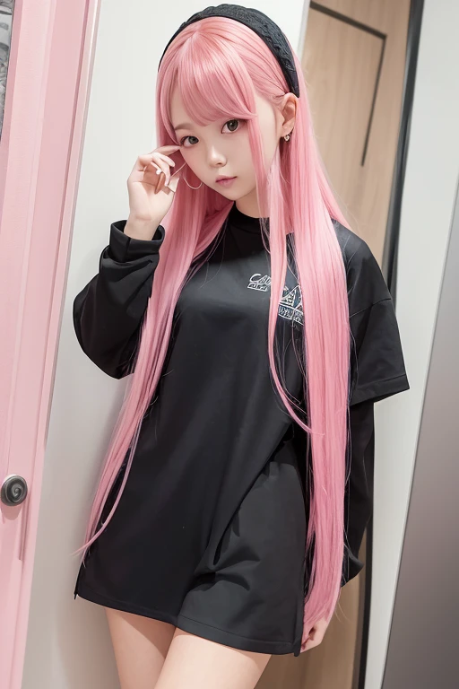  girl pink hair long hair pink outfit black