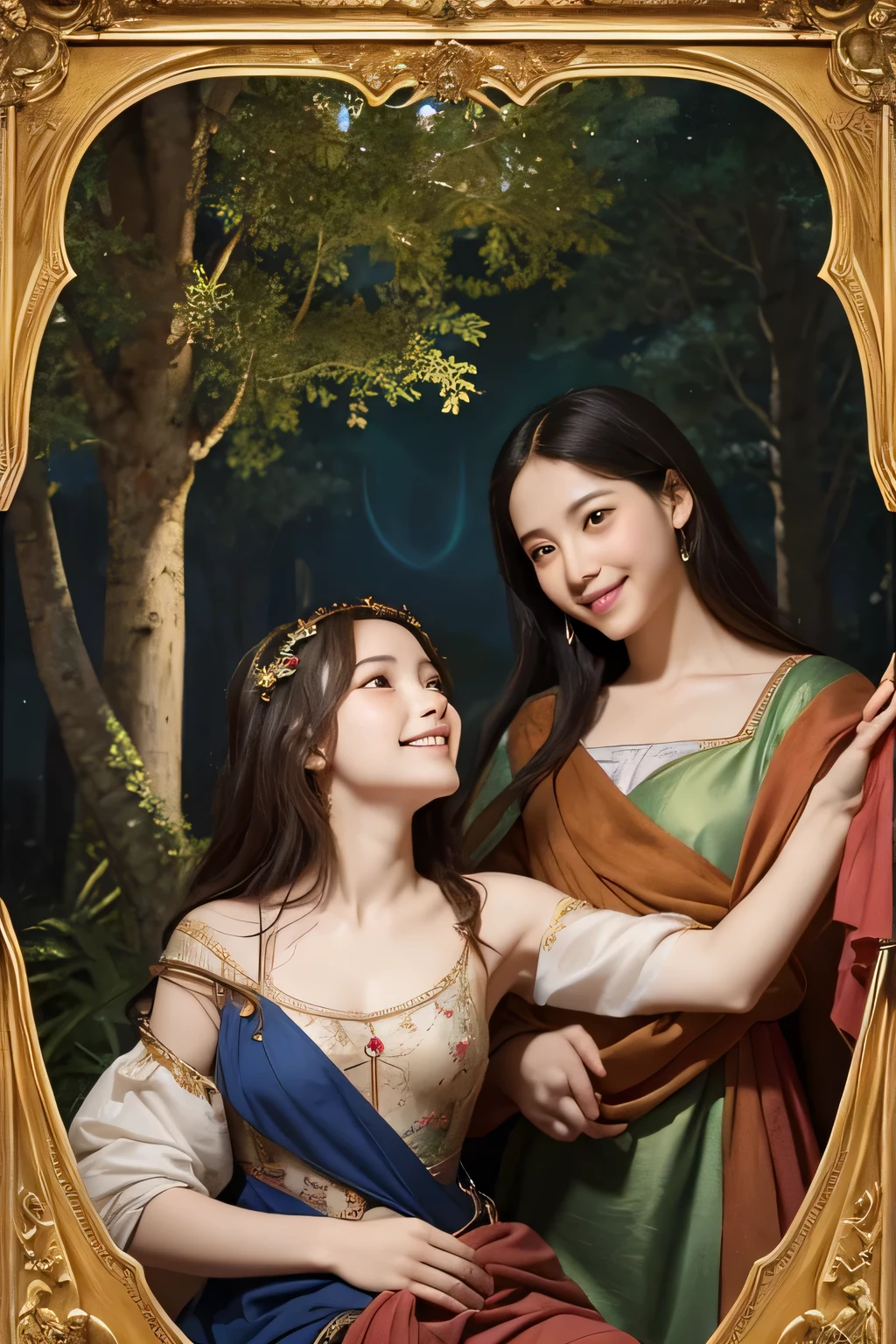 Giorgione painting style,Arguments of two female Philosophe,math、astronomical machine、astronaut、roses in vase、fruits、Cute trinkets、smile、ancient greek costume、Background is a forest lake at night 、Clothes that stretch your shoulders、A big smile、beautiful bare skin、A detailed representation of the seducing woman throughout her body.