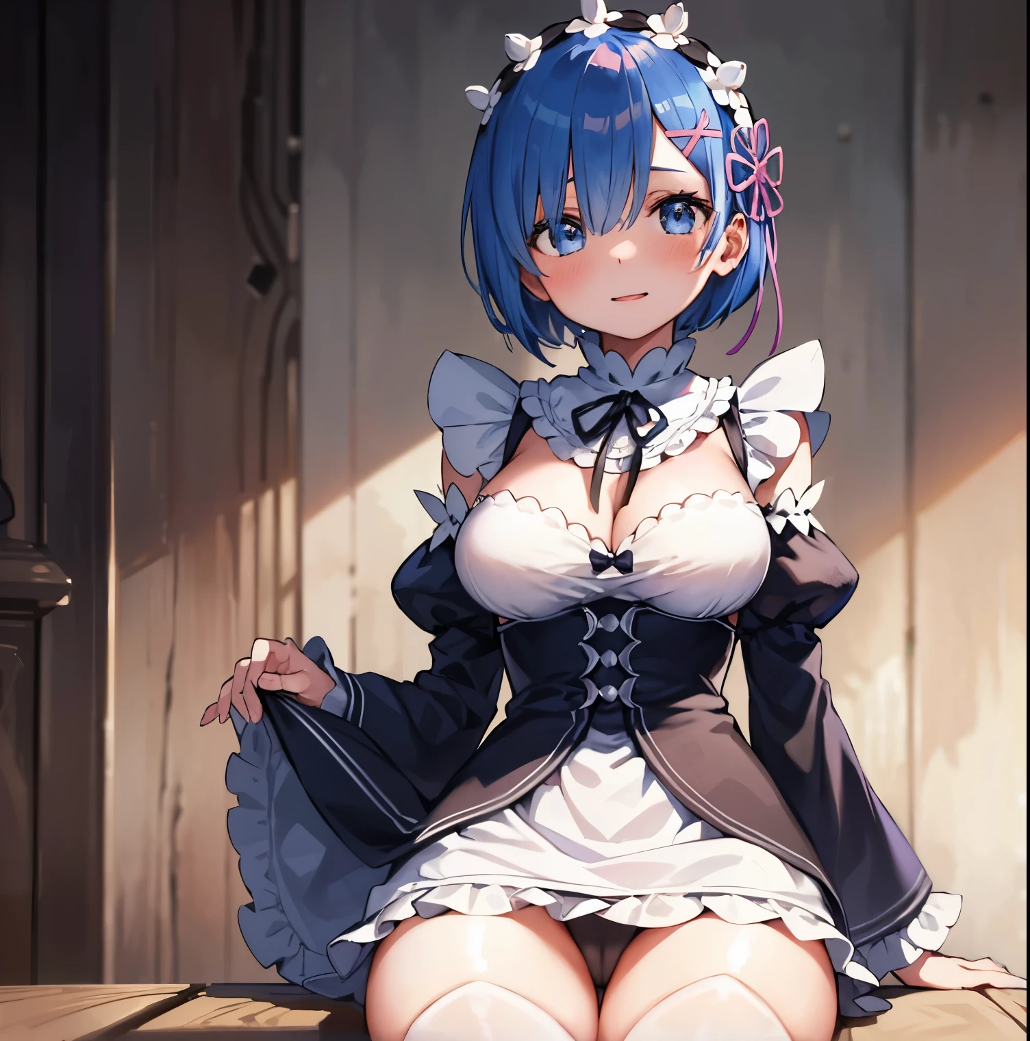 1girl, alone, rem, blue hair, short hair, medium breasts, wide thighs, wide hips, medium waist, black maid outfit with white details, blue hair, rapid eye movement \(re:zero\), [smile] , Blush, castle, masterpiece, best quality, perfect lighting, white underwear with lace, up the skirt, sitting, facing the viewer, from the front, pov (from below), perfect anatomy, perfect hands