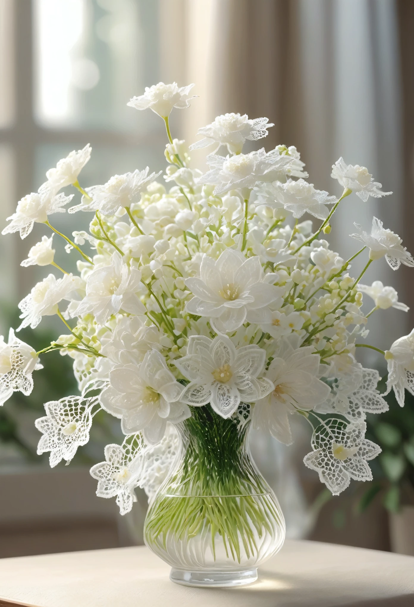White laceで出来た花, Beautiful lace flowers, Lace flowers decorating the room, indoor, Beautiful glass vase, White lace, Very delicate lace, best quality:1.2, 4k, 8K, Very detailed, High Detail, masterpiece:1.2,