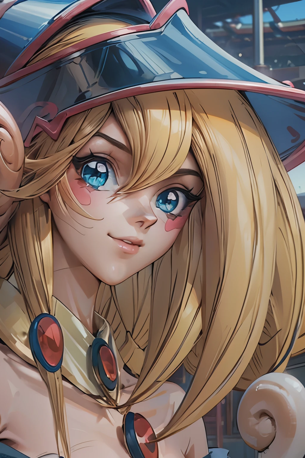 Crea el hermoso rostro de dark magician gils. Ojos azules. Labios rosados. Tes blanca. Cabello rubio. girl smile. Hombros destapados. Collar en el cuello. Rostro de dark magician gils