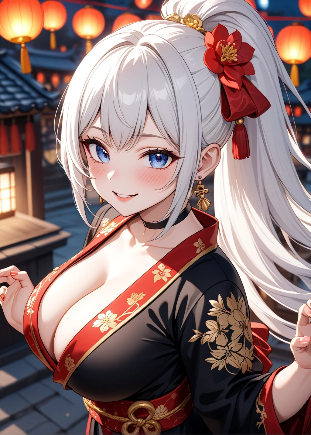 ((one personの女性)), Beautiful Face,Happy expression,Laugh embarrassedly,((Wink:2.0)),turn bright red,Glossy pink lips,French Nails,night,Shrine festival sexpensives,firework, ((Anime style background)),masterpiece, highest quality, so beautiful, Latest, Complex details, (Pink long nails),AI-generated, Complex,High resolution, highest quality, super high quality,3D Images、View your viewers、3D Images,one person,Long white hair,High Ponytail,blue eyes,Anime woman posing for a photo, [[Fine grain、Colorful eyes、Shining Eyes:1.15]],(Squint your eyes:1.1),a hyperRealistic , hyperRealistic , Realistic,Long haired white hair anime woman, Smooth anime CG art, A woman in a colorful kimono with gold embroidery, (Black kimono),Red floral pattern,Long flower hair ornament,Big earrings,Choker with charm,(Big Breasts:1.4),Mature Body,expensive,Big Ass,Fine details,Tight waist,Abdominal muscles,Photographed from diagonally above,Curl your fingers in cat pose