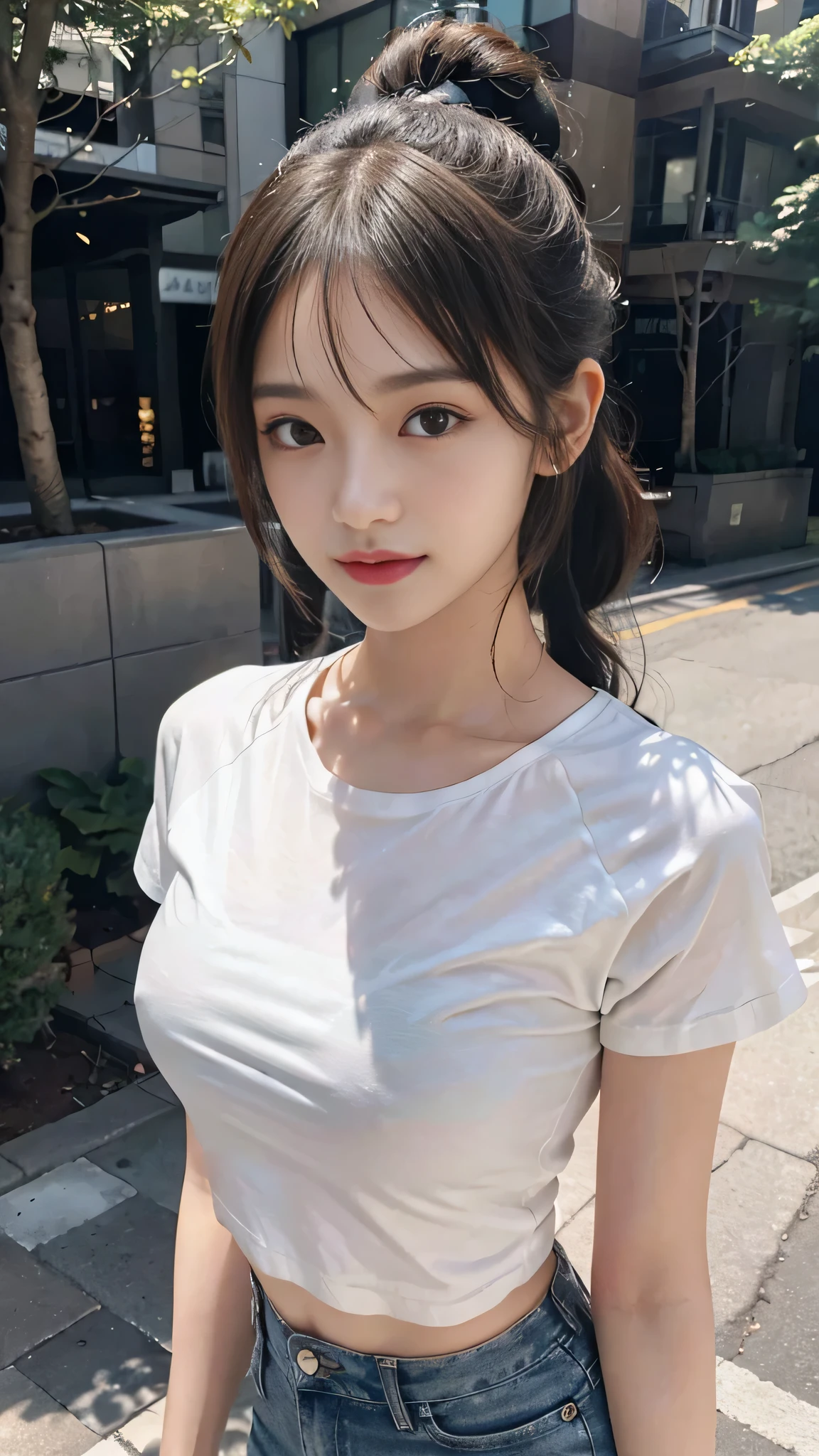 Black underwear shows through the white T-shirt,jeans,outdoors,Urban Park,On the lawn,Close up face,One woman,masutepiece, The highest image quality, High quality, the background is clear,Beautiful woman, Japanese, Detailed, Detailed eyes, Detailed skin, Beautiful skin, 超hight resolution, (reality: 1.4),Very beautiful woman, Slightly younger face, Beautiful skin, slender, (Ultra photo realsisim), (hight resolution), (8K), (Very detailed) (beautifully detailed eyes), (super detailed), (Detailed face), view the viewer, Fine details, Detailed face, Staring straight ahead, Staring straight ahead, photos realistic, Bright lighting, Professional Lighting, Black hair,poneyTail,a baby face,fourteen years old,Hairstyle: ponytail,Long ponytail hairstyle,slight smile,neat and tidy clothing,Beautiful Japanese KPOP idol photo, hair style is ponytail, my eyes are double and wide, baby face, smile and look straight ahead, slender, small breasts,Close up face,