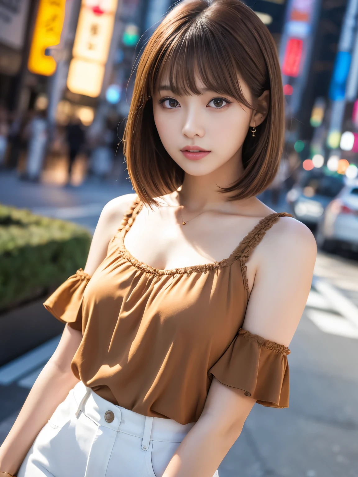 Ultra High Definition, Superior Quality, Premier Quality, ultra detailed, Photorealistic, 8k, RAW Photos, highest quality, masterpiece, Attractive girl, Stunning girl, Brown Hair, Shoulder Length Layered, asymmetrical bangs, Japanese Idol, Sophisticated, Stylish, embarrassed, blouse, Shibuya, 