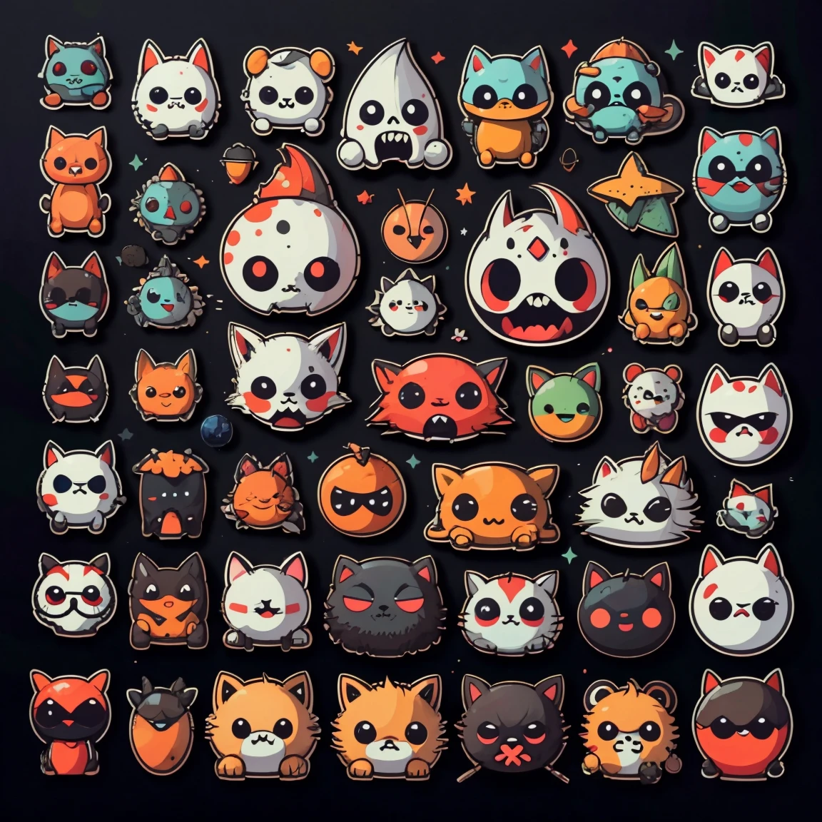 16 evil horror qute stickers of rings(Jewelly), black background, no gradient, Correctlly alignment, icon
