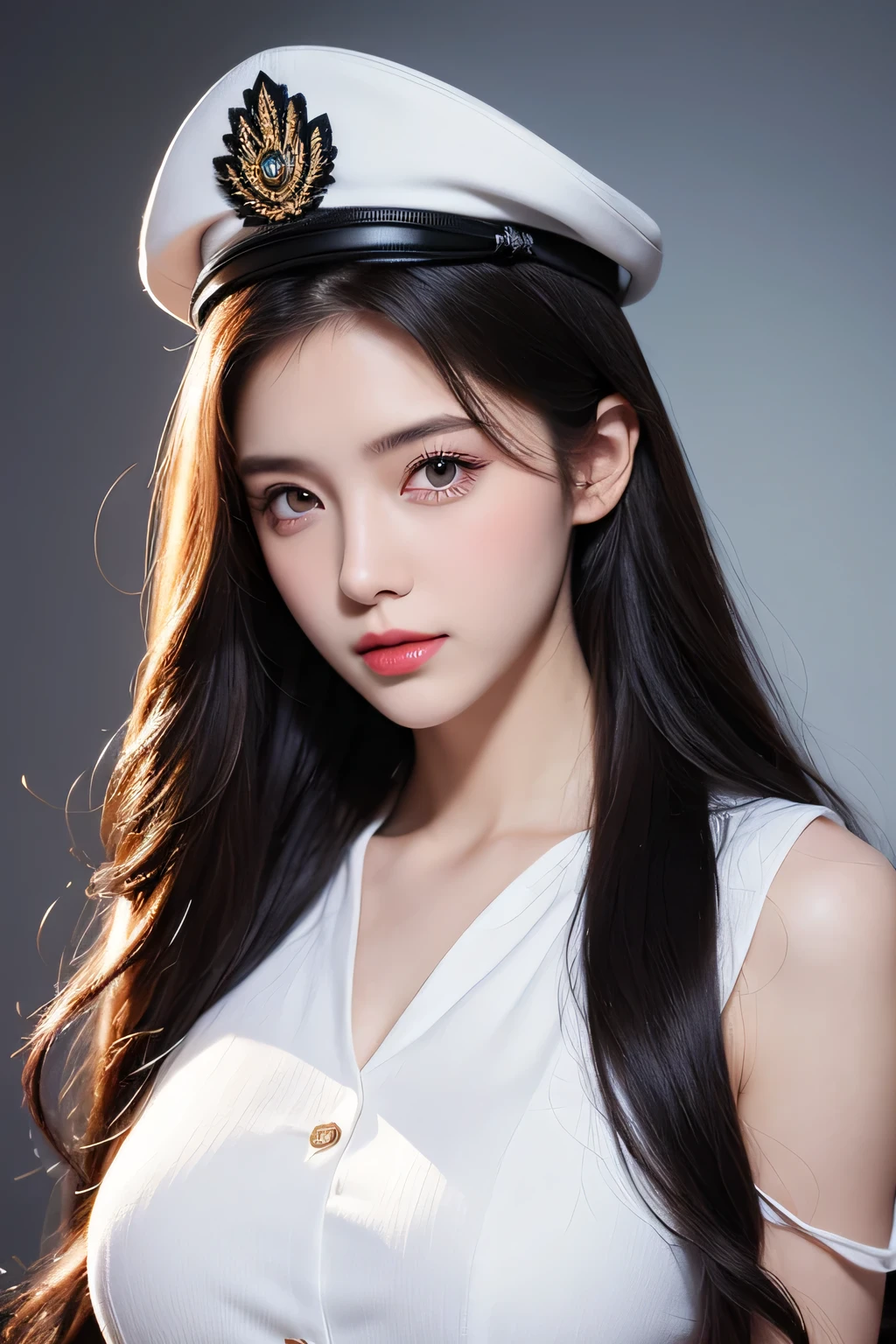 High-quality work,Realistic works,Super premium graphics,8K HD CG works,high quality graphics,High-definition and exquisite CG works,10x pixels,Ultra-fine details:1.1,Advanced technical details:1.1Realistic photo effects,Interior lighting effects:1.5,natural soft light:1.5. Light effect(Virtual light effects:1.8),Ultra-high resolution,shining dress,sliver long hair,silber hair,transparenthair,high detailed hair(Quality hair details:1.1)Clear eyes,Double eyelids look good,Sharp eye makeup, Create exquisite eyelash makeup, tthin eyebrows, Ultra-detailed eyes,a tall nose, lovely red lips, rosey cheeks, With delicate makeup on her face , pretty face, The face shape is perfectly proportioned,(Advanced facial details:1.1)girl with, quality, top-quality, big breasts beautiful, prette, The sheen,On a warship, tmasterpiece,White Navy Uniform, Long Black Hair,With military cap,Eyes are sharp and affectionate,A sweet smile,battle posture,(((full armor:1.8))),white colors,(((facial detailing:1.2)))Bigchest,big breasts thin waist,long legged,bared chest,bare lower body,Camel toes,Women's artwork,Dress full body video,Reality,Amazing Cleavage,My eyes are very bright today