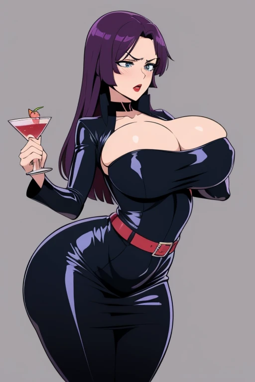 20 year old woman, busty, bubble butt, hourglass figure, skinny, blushing, tired expression, horny, exhausted, long hair, purple hair, wavy hair, wearing latex cocktail dress, thigh high boots, belt, chocker, cleavage, tight fitting clothing, gray background, anime, flat colors, dynamic pose, hands on chest, heavy make up, kissable lips, red lipstick