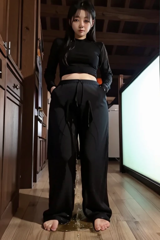 Japanese Girl sees the ghost and pees her black palazzo pants until her pants are wet in fright.
