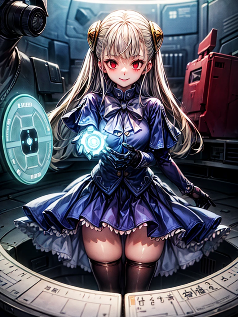 (masterpiece、highest quality、High resolution)、(Inside a futuristic base:1.6),1 girl、alone、Ingrid、Hair Pod、gloves、skirt、hose、bow、dress、 eye、(Wicked Smile:1.4)、Anime Style、Evil Bossempling、Esbian all over,,empty eyes,Mind Control Devices, stop temporarilys, Obedient_stop temporarily, Show your collar