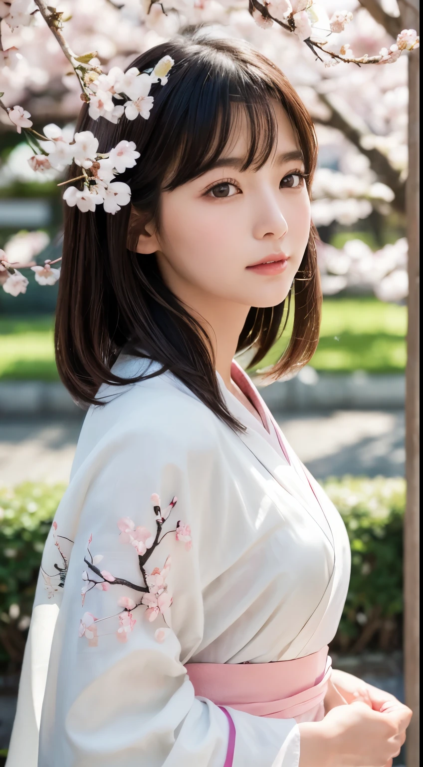 (logo、masterpiece、8k、Tabletop、RAW Photos、wonderful、最high quality、Realistic、Very detailed CG 統合 8k 壁紙、high quality、Very detailed、narrative poem、Particle Effects、Dynamic Effects、Depth of written boundary、Cinematic Light、Lens flare、Ray Tracing)、Fantasy、 (1 beauty、White kimono、Japanese clothing、White cherry blossom pattern、White cherry blossom embroidery pattern、Black-haired、Beautiful Face、True Face、Beautiful details in the eyes、Beautiful Skin)、Hair flutters in Wind、Hair bounces、Pink cherry blossom tree、Petals flutter、SakuraFubuki、wonderful景色、Morning Glow、Sun in the background、Wind、god々、tooth、god話、Vast land、