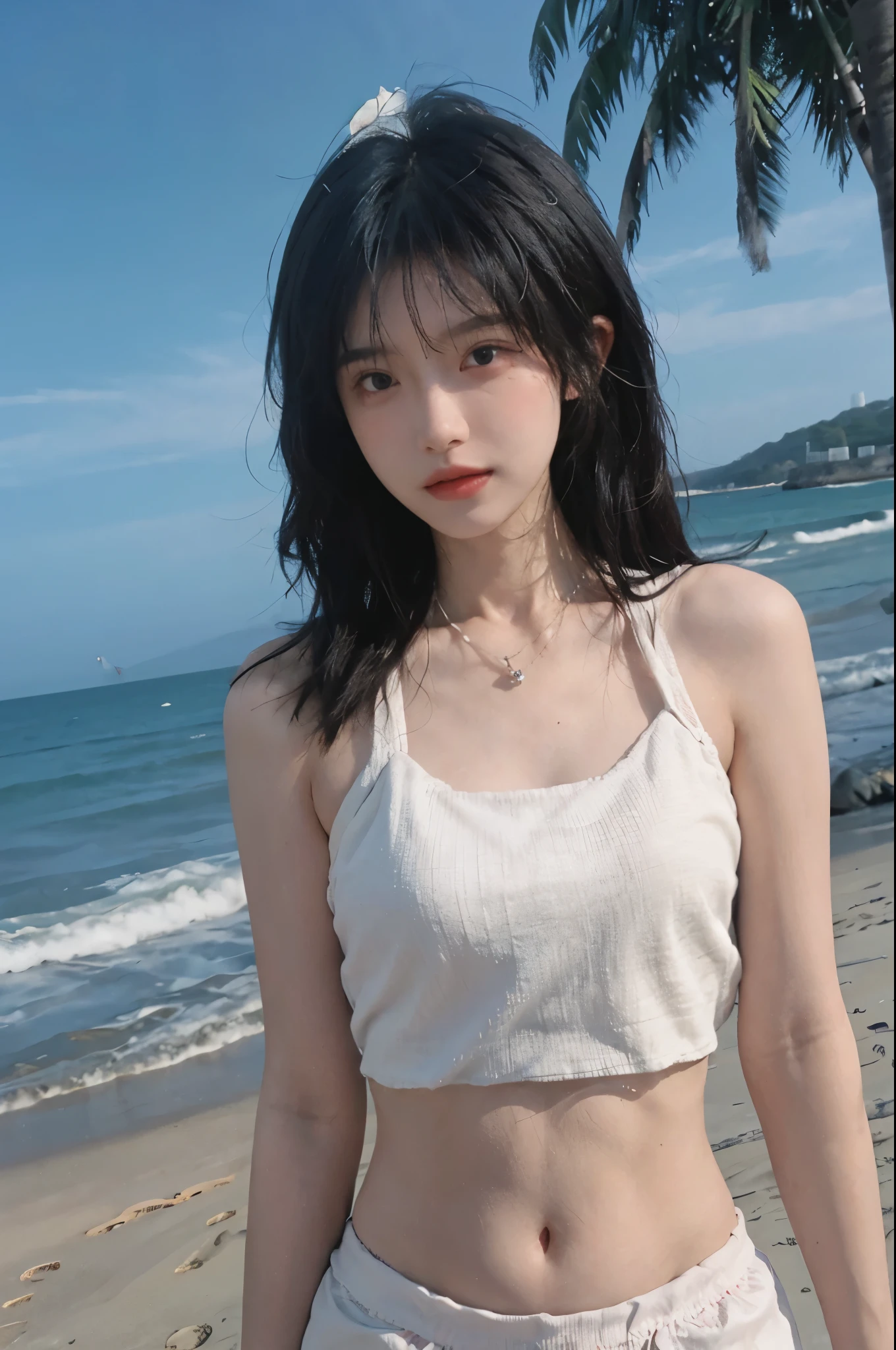 Best quality,Ultra-high resolution,(lifelike:1.4),Cute hairpin,1girll,Long curly hair,jk,Blush,Slim beauty:1.4,Visible abdominal muscles,on the beach,Ultra-fine face,Exquisite eyes,Double eyelids,necklace