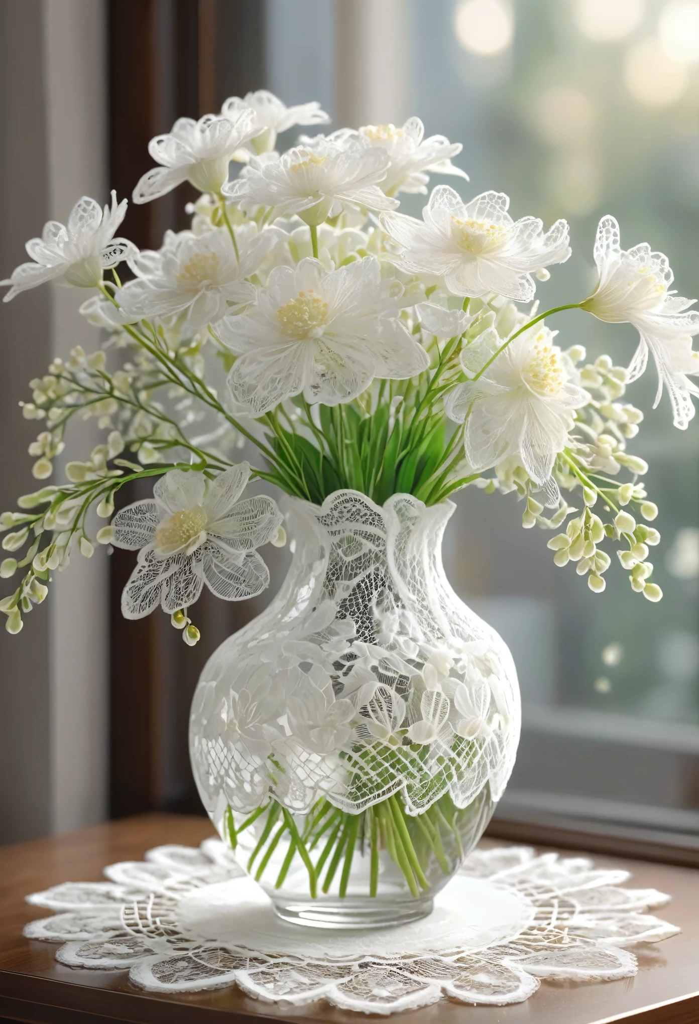 White laceで出来た花, Beautiful lace flowers, Lace flowers decorating the room, indoor, Beautiful glass vase, White lace, Very delicate lace, best quality:1.2, 4k, 8K, Very detailed, High Detail, masterpiece:1.2,