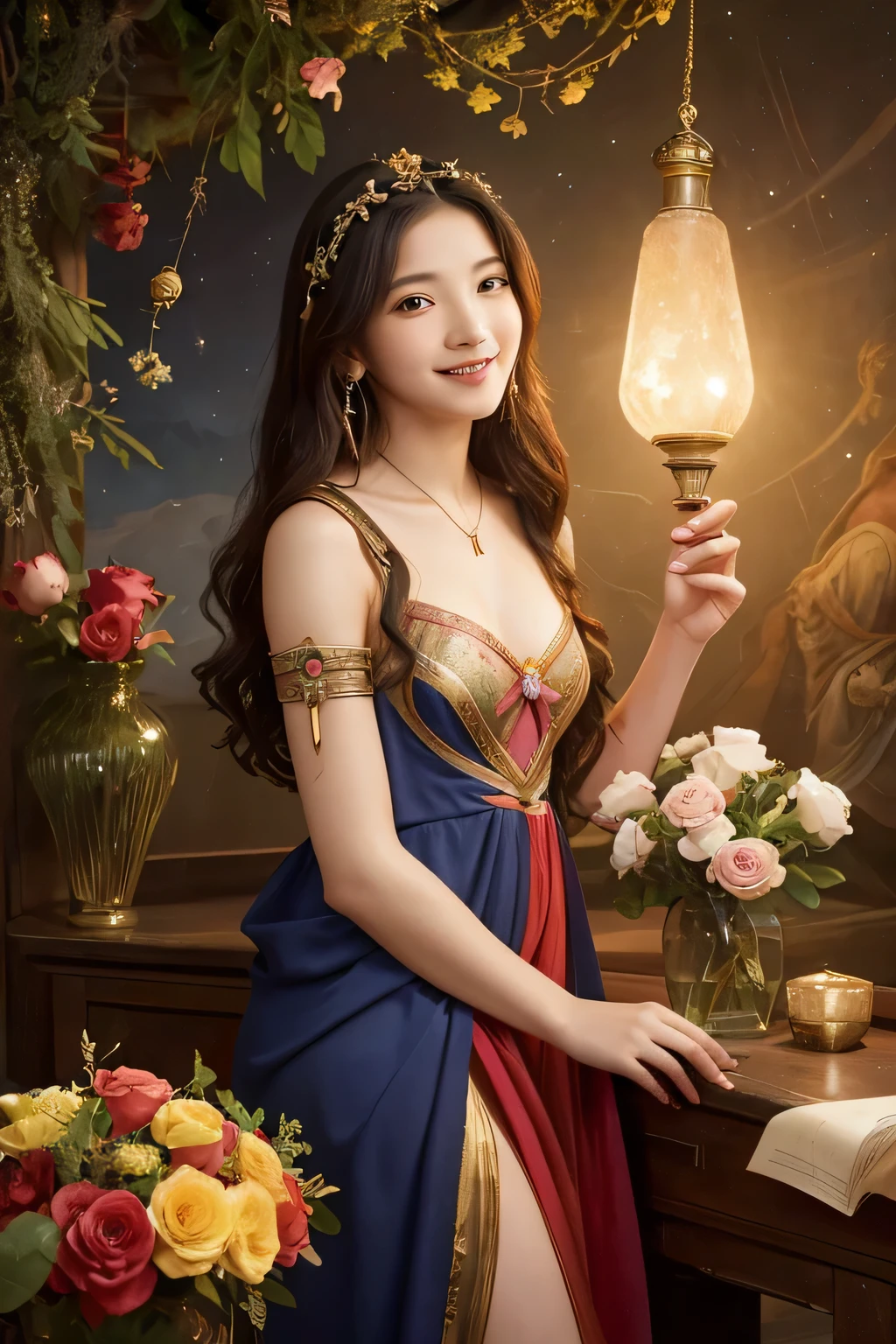 Giorgione painting style,Arguments of two female Philosophe,math、astronomical machine、astronaut、roses in vase、fruits、Cute trinkets、smile、ancient greek costume、Background is a forest lake at night 、Clothes that stretch your shoulders、A big smile、beautiful bare skin、A detailed representation of the seducing woman throughout her body.