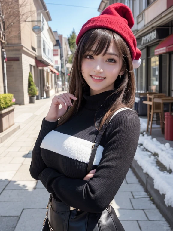 (Tabletop:1.4, highest quality、She has a very cute smile、Very attractive adult beauty:1.4、Add strong highlights to the eyes:1.4、Look closely at the camera、右手をchestに当ててください、A beautiful woman with mature charm:1.4),One Girl, alone, light brown shiny hair, scarf,Santa Claus hat:1.4,Realistic, Looking at the audience, Bright colored crystal light blue eyes:1.4, Short shiny hair, Santa Claus Star Neck Knit、 chestの中央に丸い穴が開いたタートルネックの赤と白のサンタクロースの衣装:1.4,chestの中央に丸い穴が開いたセクシーな赤と白のタートルネックニットセーター:1.4、 lips, Lip gloss:1.4，prohibit, Upper Body、Big eyes、eyelash、Face is a little red:1.4、Embarrassing)、((Canada's tree-lined streets in winter:1.4))、((Brunette short bob、With bangs、Big eyes、Give students a very strong highlight:1.4、{Huge|big|Hugeな|Mega} chest:1.4、very bigger chest、Gazing at the audience、Very beautiful beauty、Listen carefully:1.4、Long neck:1.4、Smile a little、Beautiful Teeth、Laughing with your mouth open:1.4))、28 years old:1.4、Very cute supermodel:1.4、