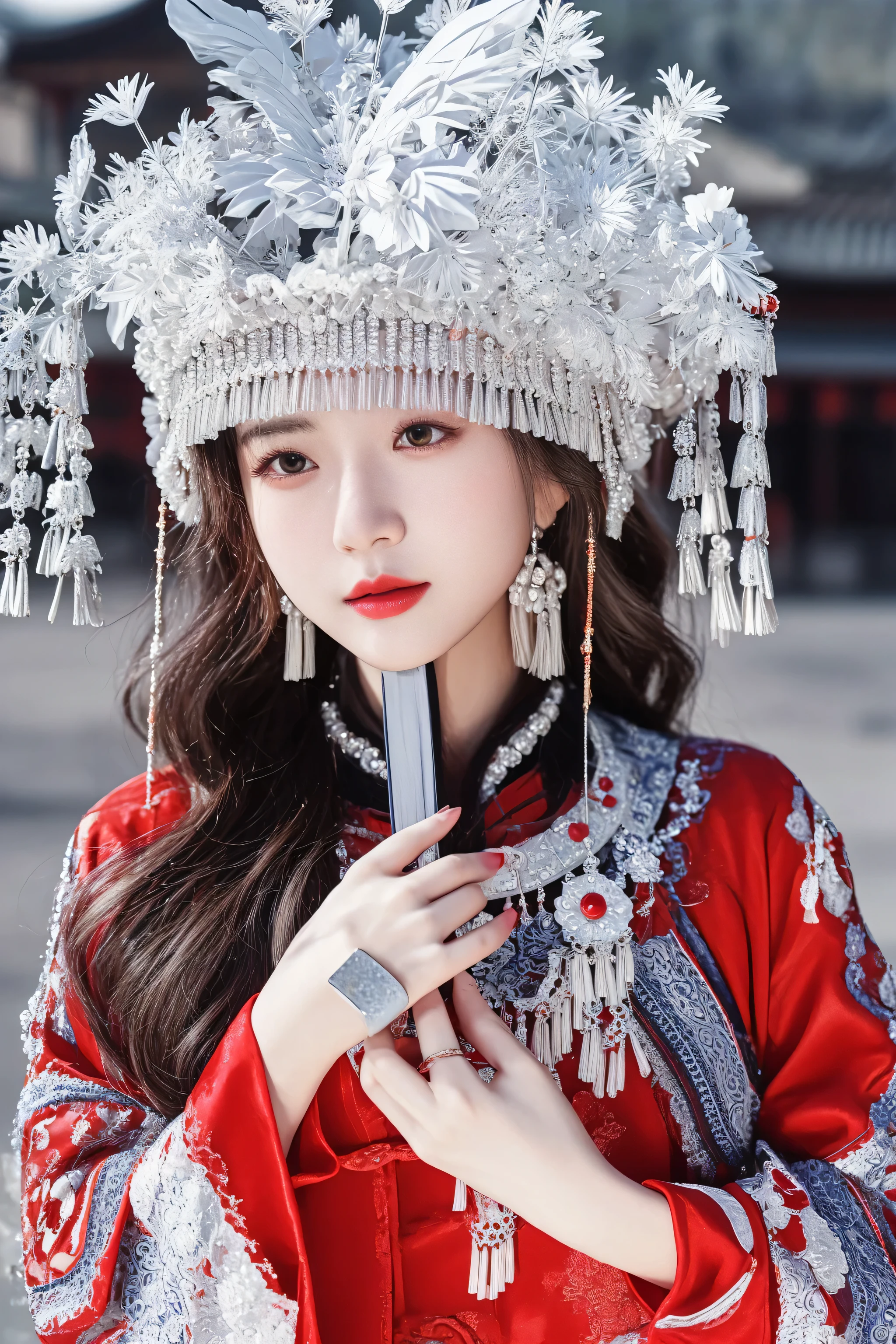 araffe woman in a red dress and silver hat holding a cell phone, palace , a girl in hanfu, traditional beauty, traditional chinese, chinese girl, traditional chinese clothing, inspired by Jin Nong, traditional tai costume, traditional clothes, chinese woman, chinese costume, inspired by Huang Ji, with acient chinese clothes, a beautiful fantasy empress