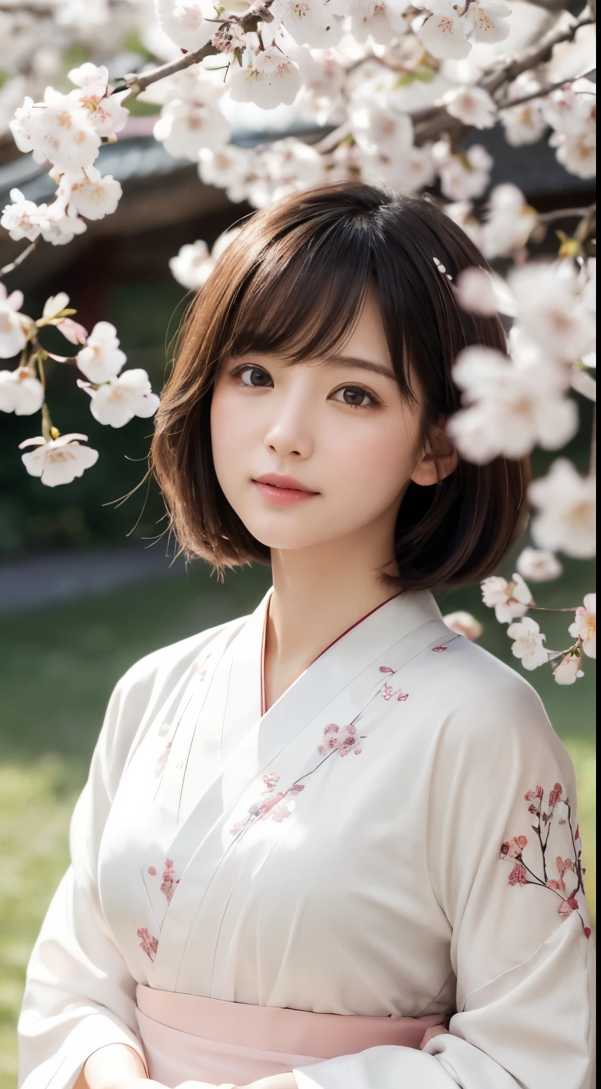 (logo、masterpiece、8k、Tabletop、RAW Photos、wonderful、最high quality、Realistic、Very detailed CG 統合 8k 壁紙、high quality、Very detailed、narrative poem、Particle Effects、Dynamic Effects、Depth of written boundary、Cinematic Light、Lens flare、Ray Tracing)、Fantasy、 (1 beauty、White kimono、Japanese clothing、White cherry blossom pattern、White cherry blossom embroidery pattern、Black-haired、Beautiful Face、True Face、Beautiful details in the eyes、Beautiful Skin)、Hair flutters in Wind、Hair bounces、Pink cherry blossom tree、Petals flutter、SakuraFubuki、wonderful景色、Morning Glow、Sun in the background、Wind、god々、tooth、god話、Vast land、