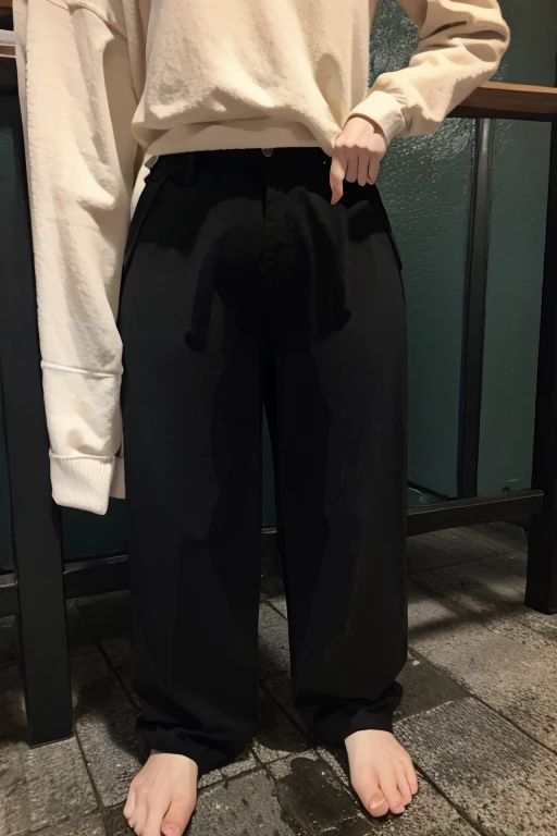 Japanese Girl sees the ghost and pees her black palazzo pants until her pants are wet in fright.