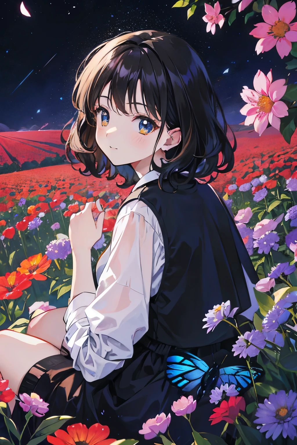 Masterpiece, best quality, Front view, happy stunning woman with curly short dark hair, wearing black clothes sit in a beautiful field of flowers, colorful flowers everywhere, some blue and orange butterflies, perfect lighting, raining day