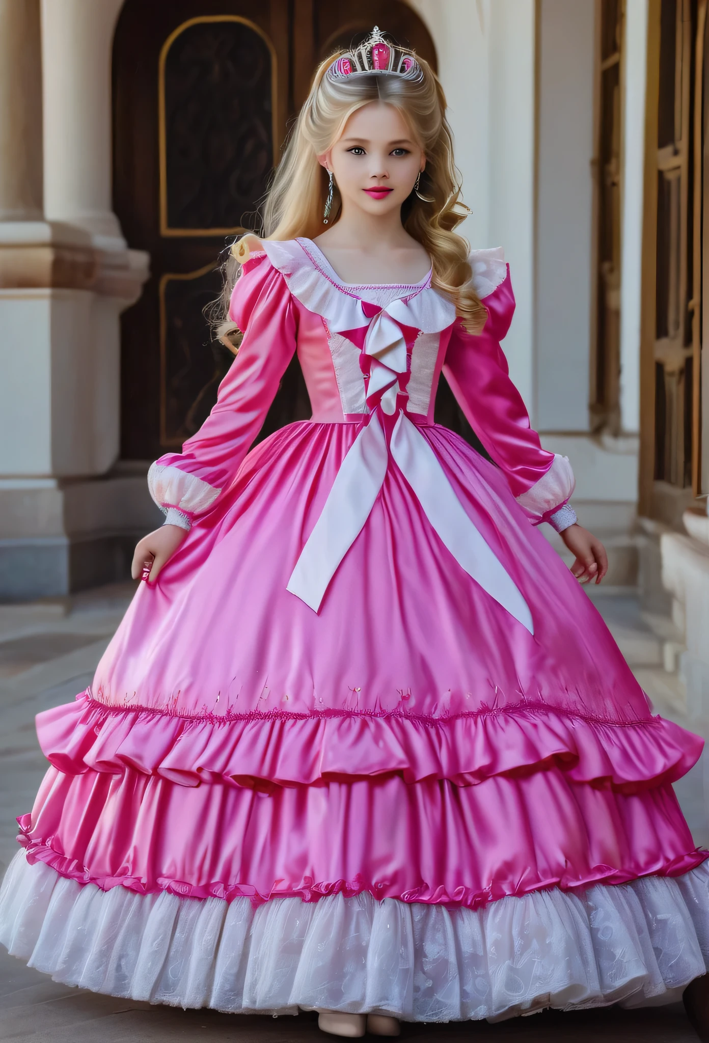 ,highest quality, masterpiece, highest resolution, artwork, 3K realistic photos,,((10 year old s)),Super detailed baby face,both are princesses,Full length ball gown dress with hoop skirt,ruffled yoke collar,Detailed braided ribbon on chest,puff sleeves,long sleeve,((Lolita stylt pink detailed princess satin dress、Comes with lots of frills and ribbons。)),shiny silk satin dress,soft and smooth silk satin fabric,luxury,Very long blonde hair,blue eyes,white skin european,pajamas,((Outside the palace)),Princess dancing happily,gorgeous flowing dress,fine white frills and lace,Super long hair that is as tall as your body,the princess is running