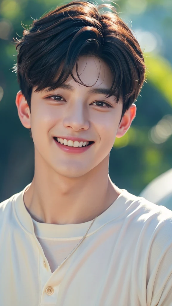 Jungkook, Close-up of faces,1 man,happy laugh,Delicate face,Smooth skin,Elaborate Eyes, ( bokeh, Out of Focus, Soft Lighting, movie lighting, God Ray, UHD)